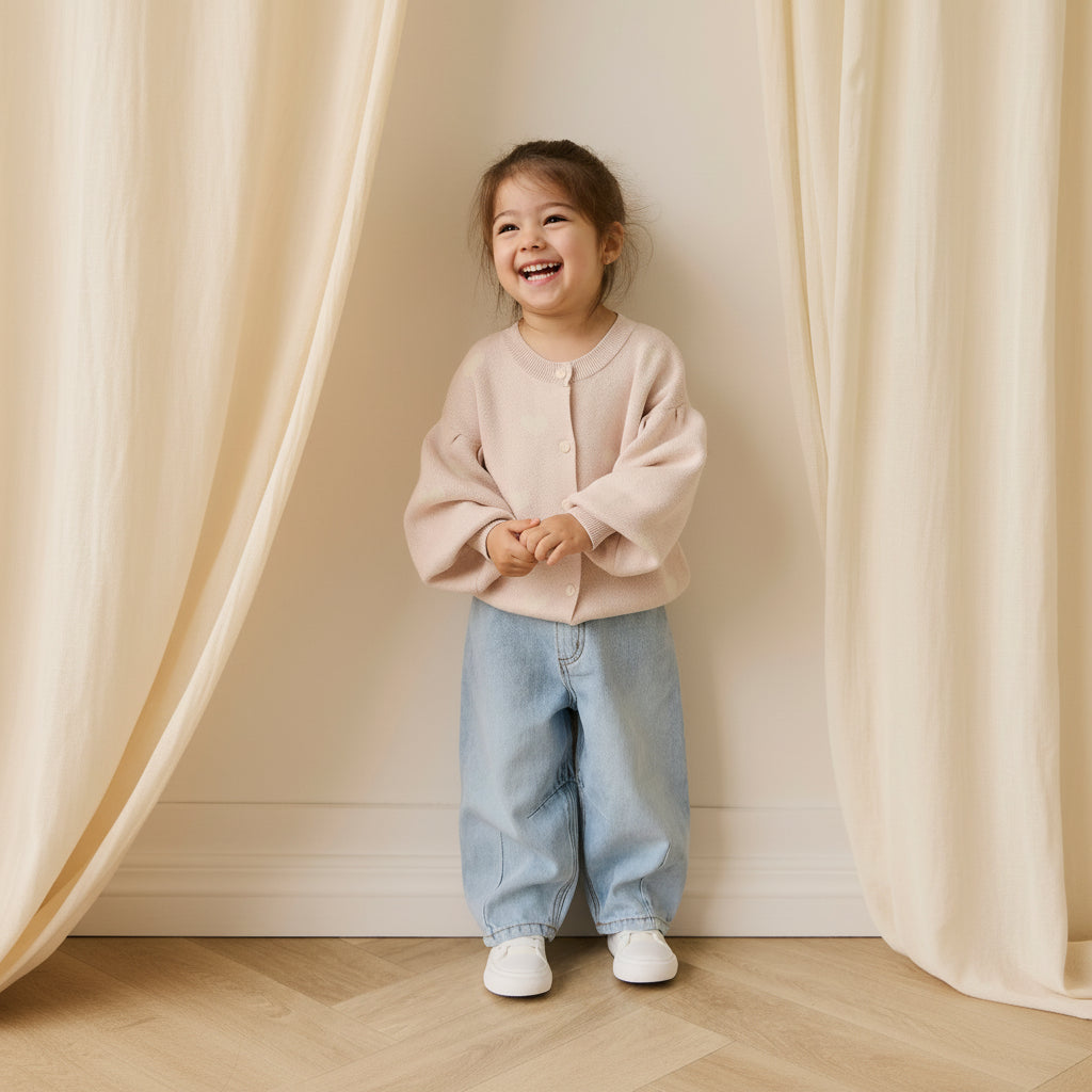 Cardigan en maille de coton jacquard Morganite avec manches ballon pour filles
