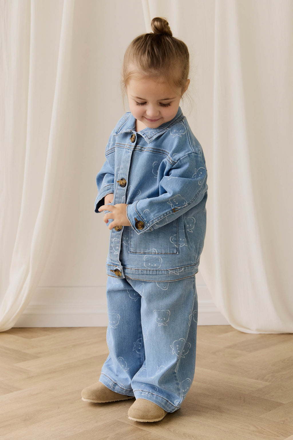 Pantalon en jean classique bleu clair imprimé, avec taille élastique et légèrement extensible pour enfants