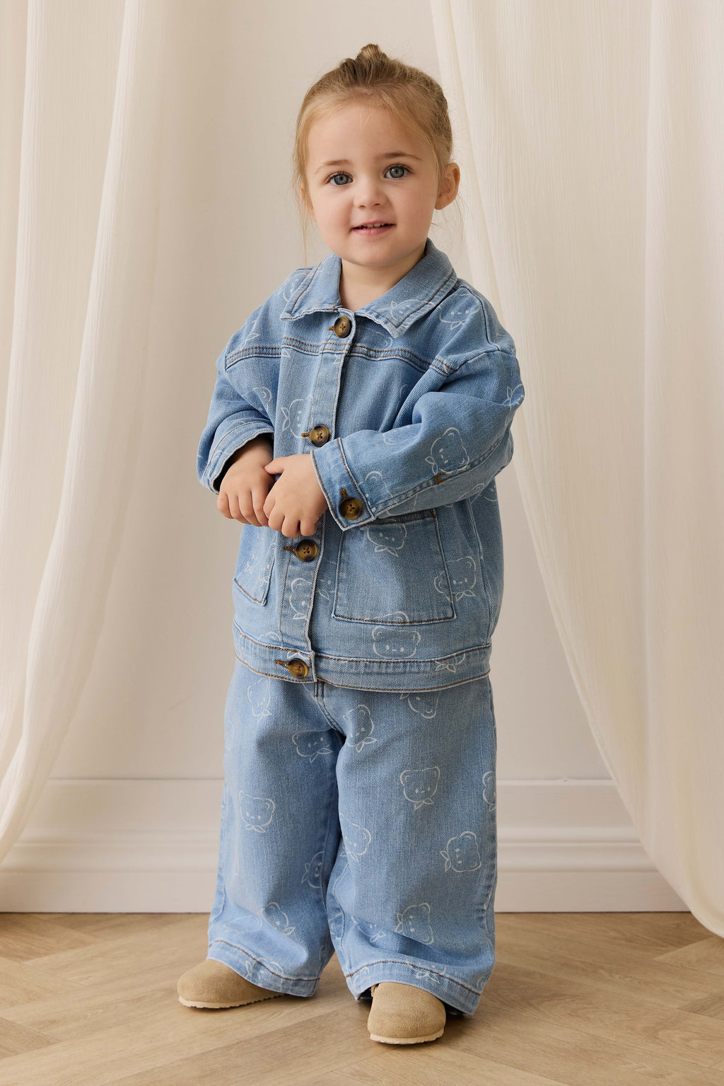 Pantalon en jean classique bleu clair imprimé, avec taille élastique et légèrement extensible pour enfants