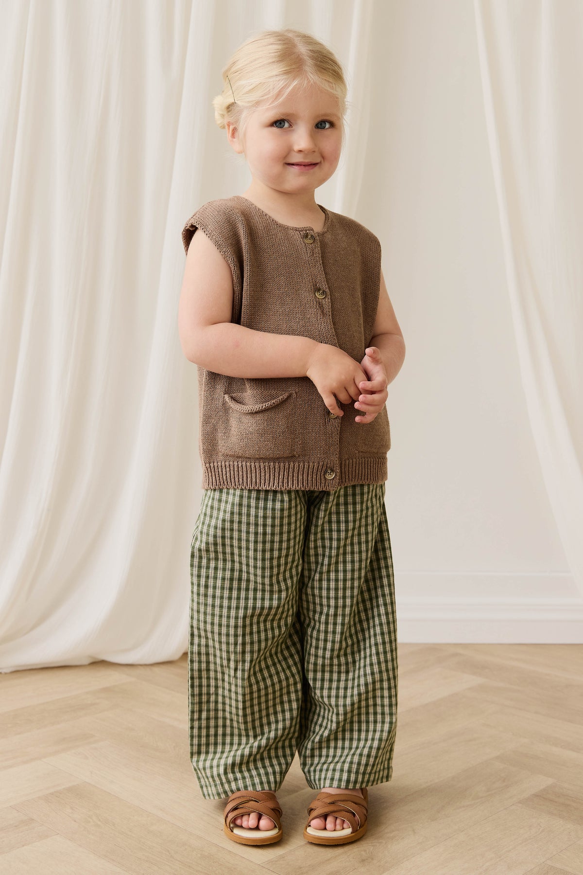 Pantalon large pour enfants en coton biologique avec ceinture à nouer ajustable et motif à carreaux "ravine terreuse"
