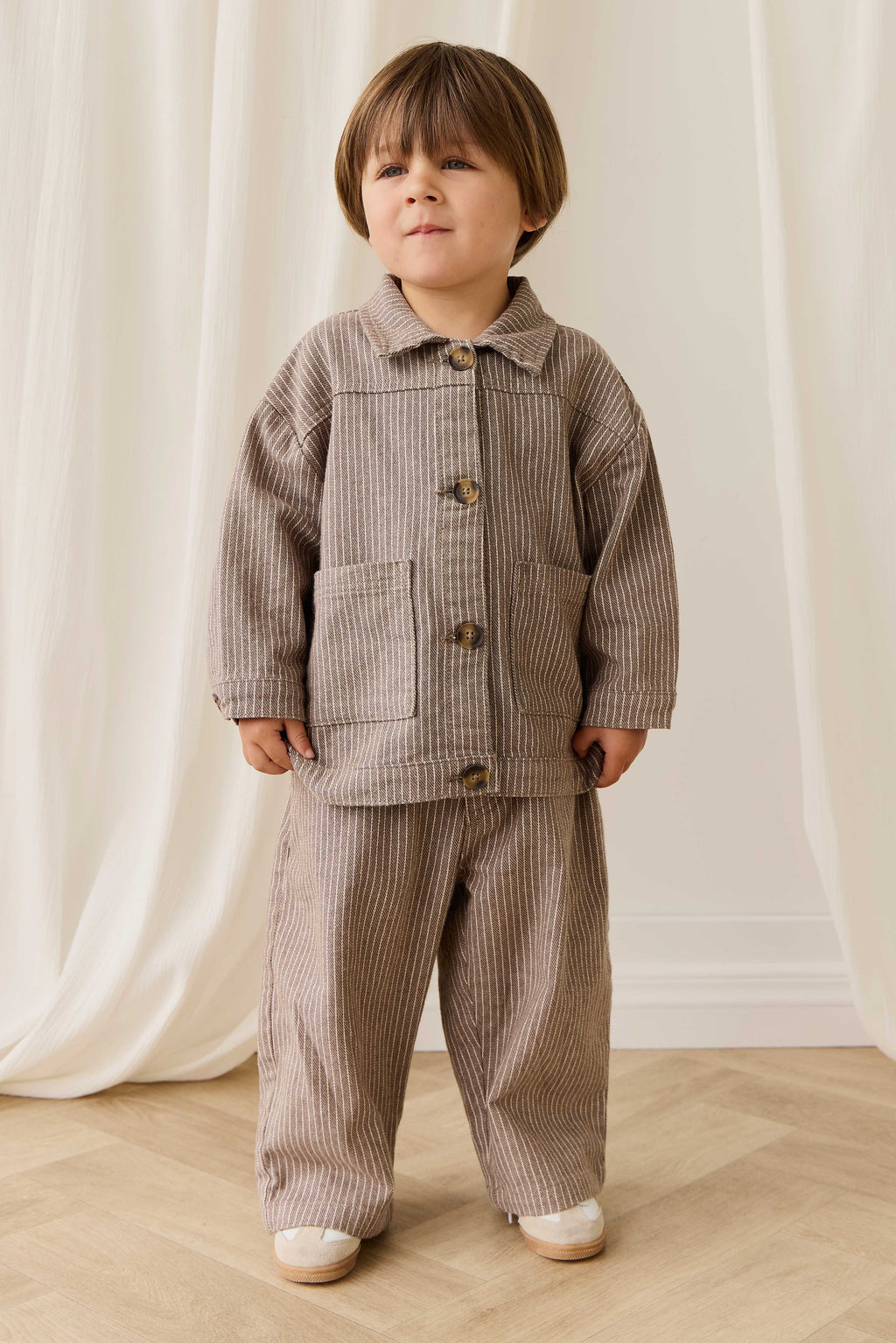 Veste enfant en coton rayé marron vintage Cassava avec boutons et poches plaquées