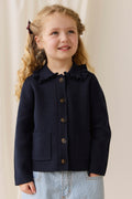 Gilet en coton tricoté pour enfants, col volanté bleu marine classique avec boutons et poches