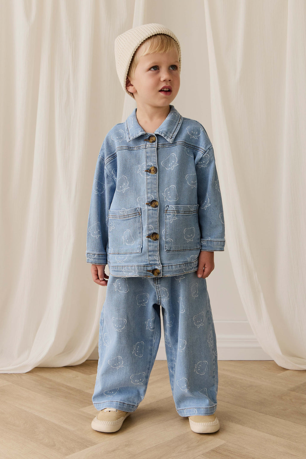 Pantalon en jean classique bleu clair imprimé, avec taille élastique et légèrement extensible pour enfants