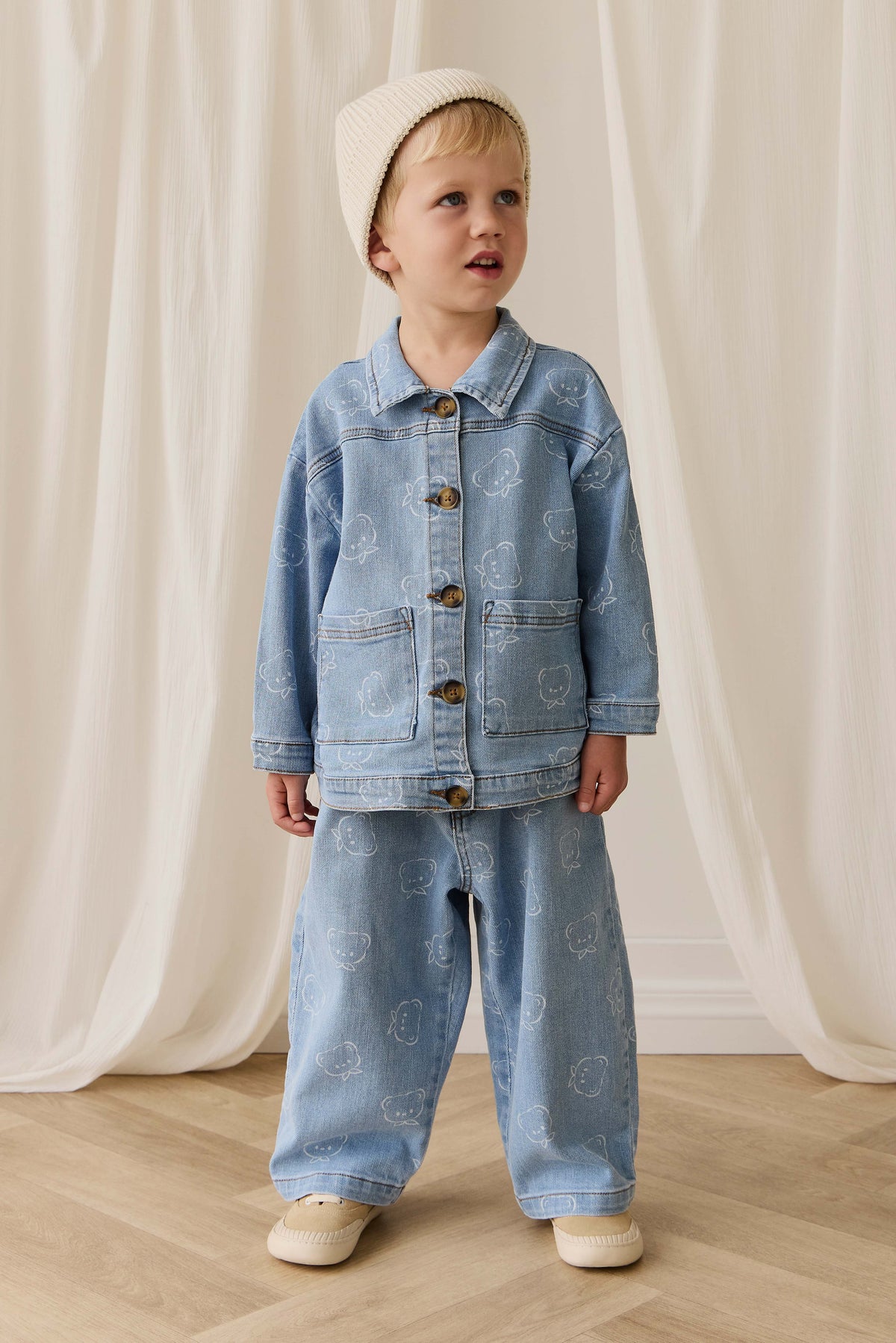 Pantalon en jean classique bleu clair imprimé, avec taille élastique et légèrement extensible pour enfants