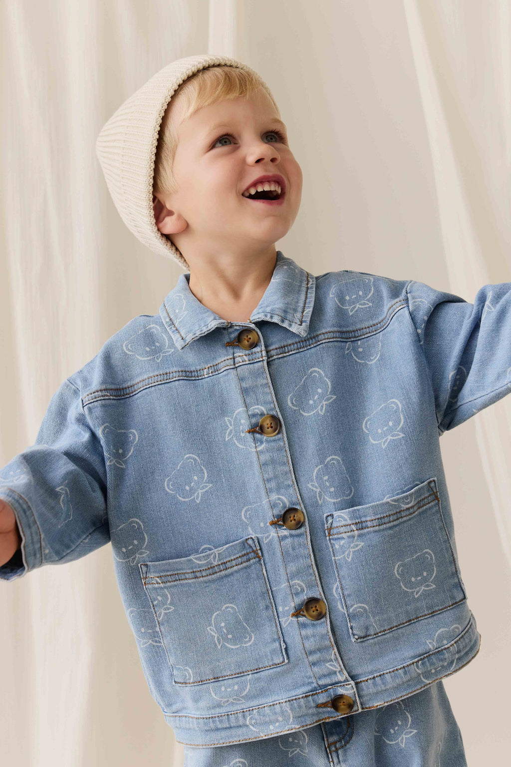 Veste En Jean Classique Bleu Clair Imprimée Avec Fermeture Boutonnée Et Poches Plaquées Pour Enfants