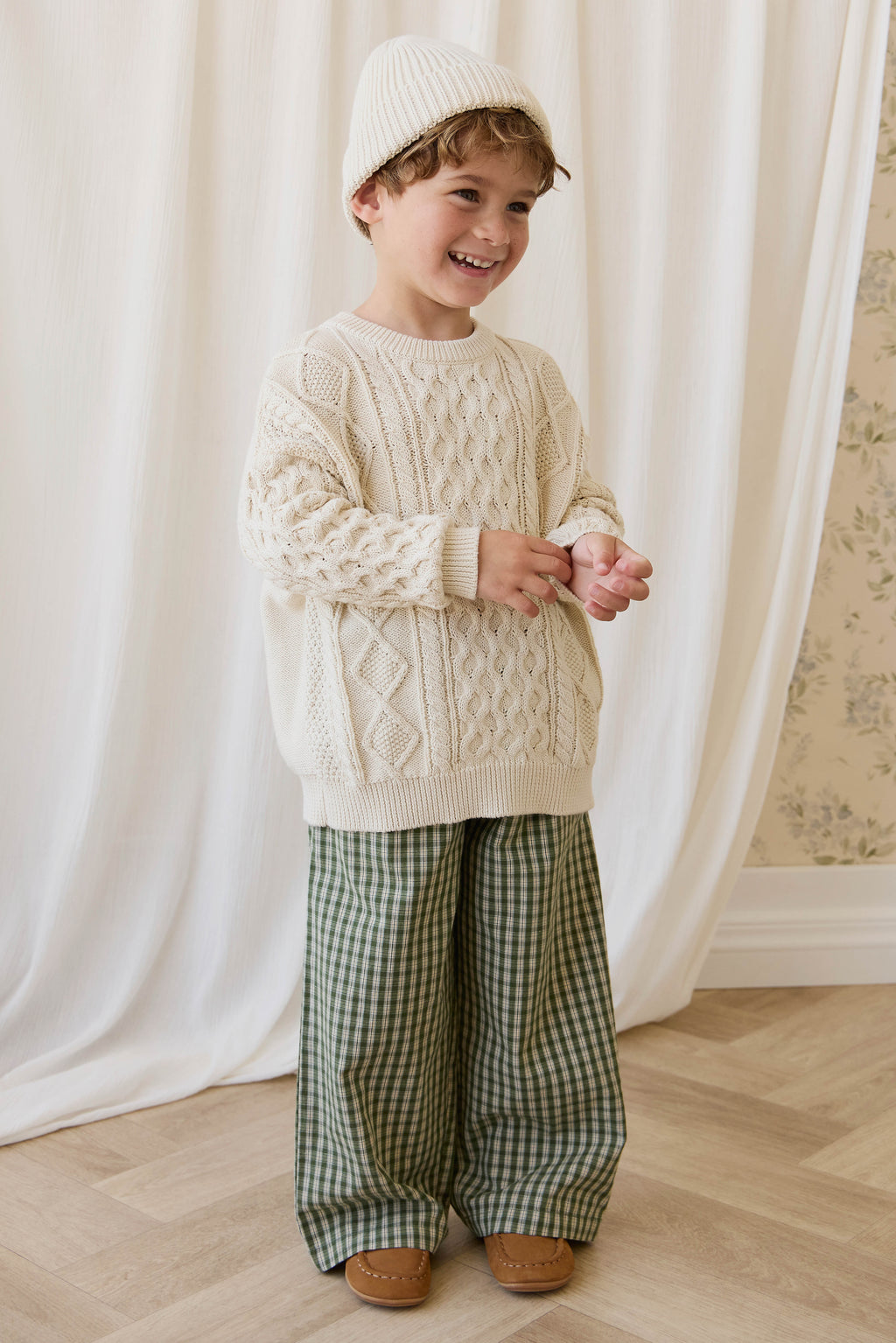 Pantalon large pour enfants en coton biologique avec ceinture à nouer ajustable et motif à carreaux "ravine terreuse"