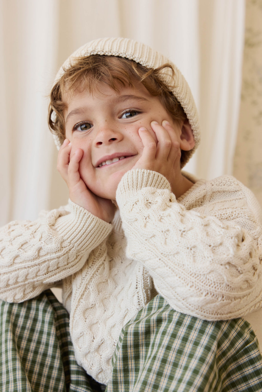 Pantalon large pour enfants en coton biologique avec ceinture à nouer ajustable et motif à carreaux "ravine terreuse"