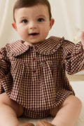 Barboteuse vintage en vichy cannelle en coton biologique avec col délicat pour bébés et tout-petits