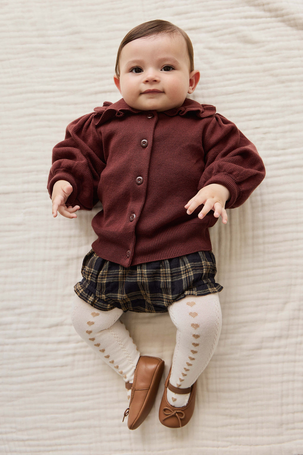 Cardigan Vintage en Coton Tricoté Marron Chocolat Texturé avec Col Volanté et Manches Bouffantes pour Filles