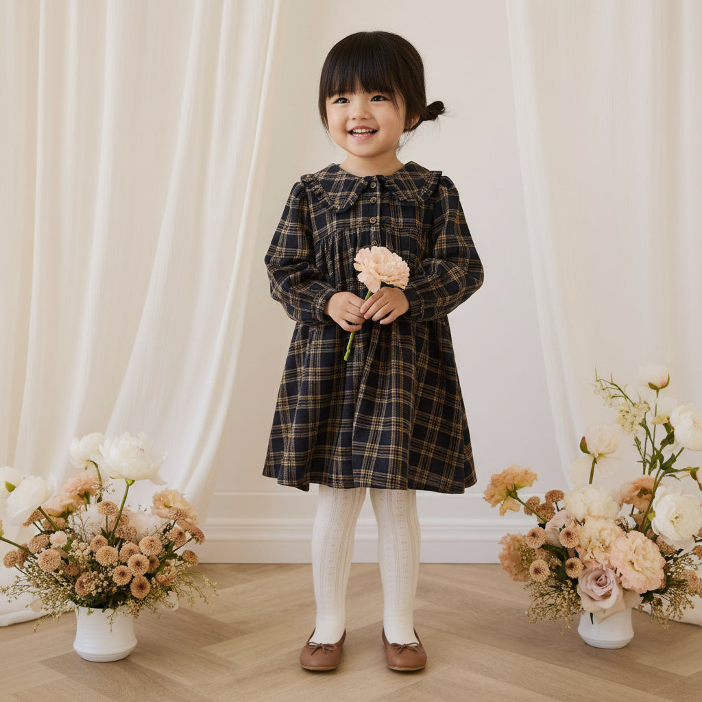 Robe classique en coton biologique à carreaux Woodland avec col Claudine et corsage froncé pour filles
