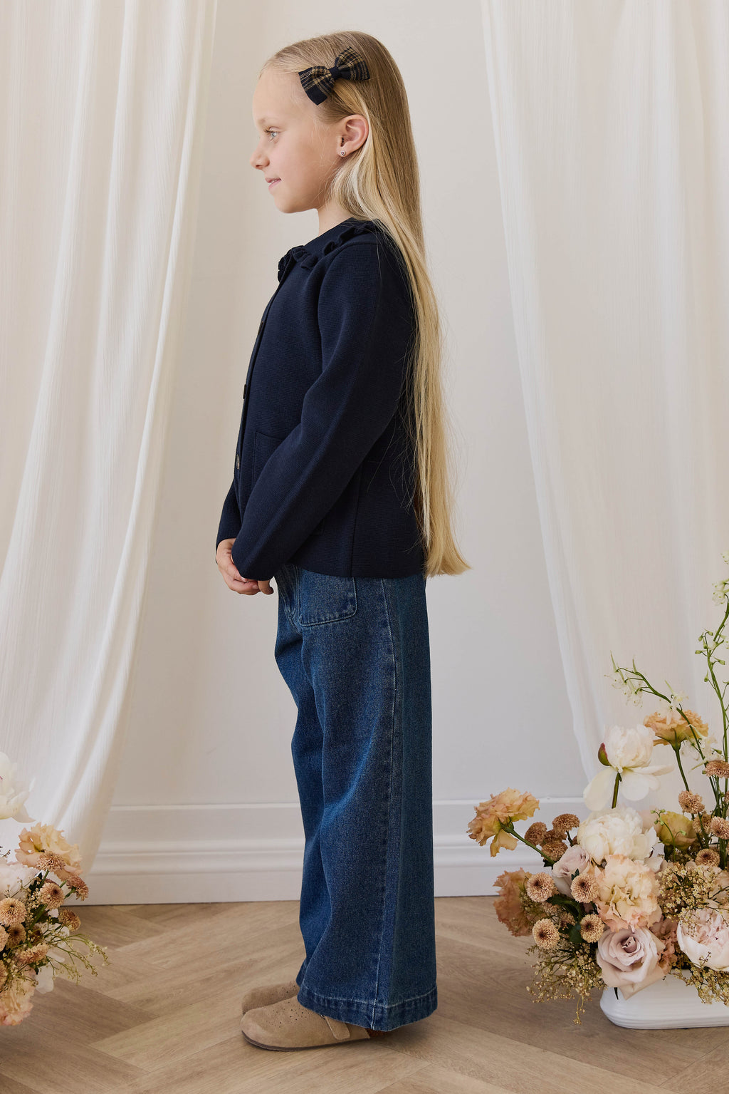 Gilet en coton tricoté pour enfants, col volanté bleu marine classique avec boutons et poches
