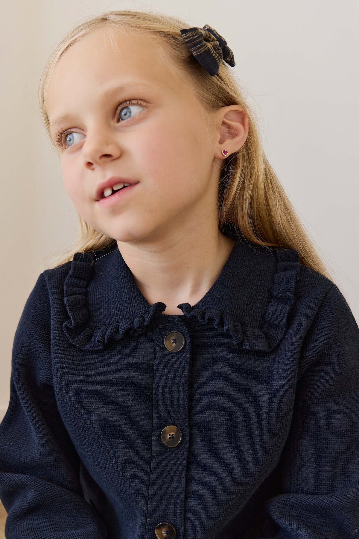 Gilet en coton tricoté pour enfants, col volanté bleu marine classique avec boutons et poches