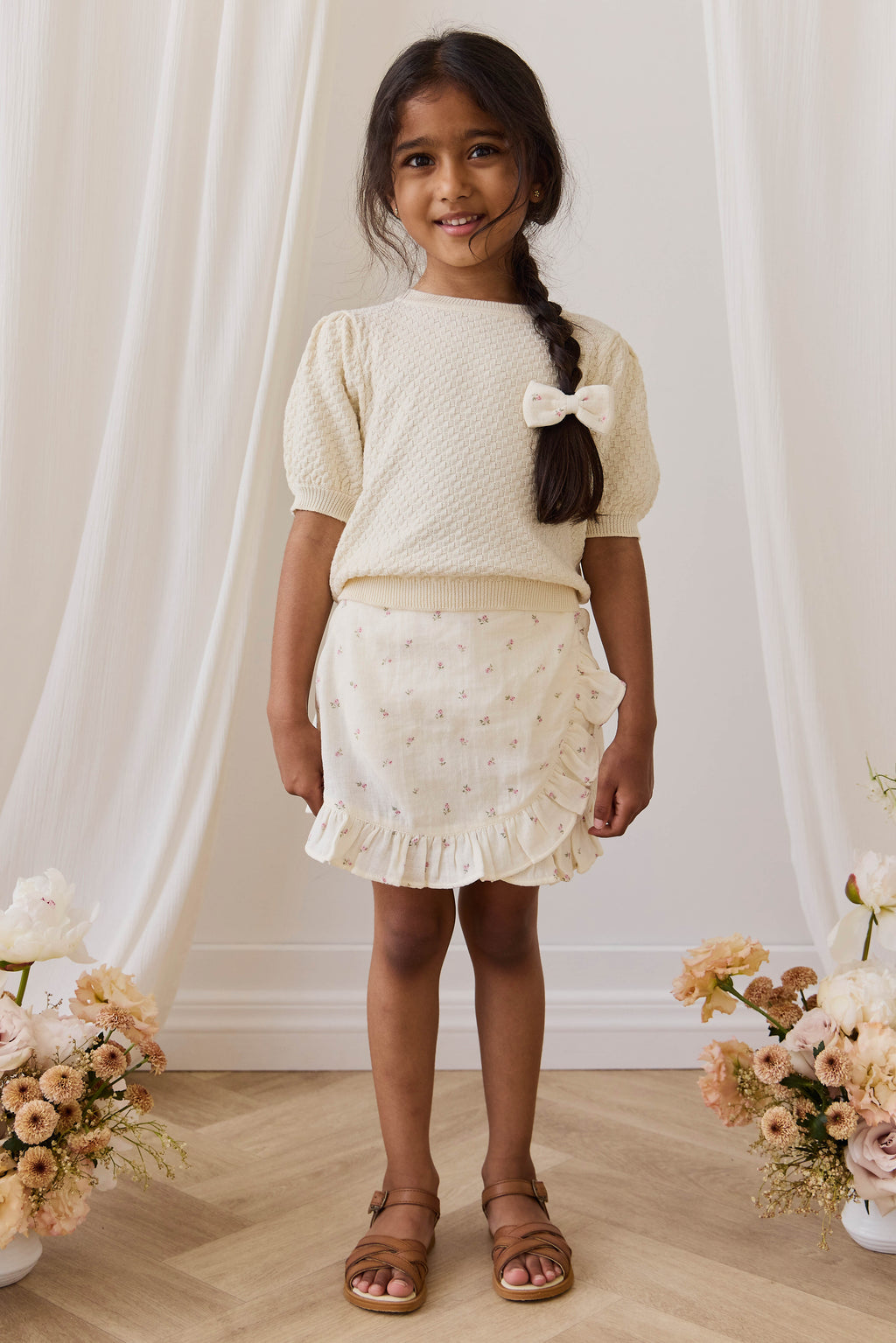 Haut en tricot texturé de coton vanille vintage à manches bouffantes en tissu respirant pour filles