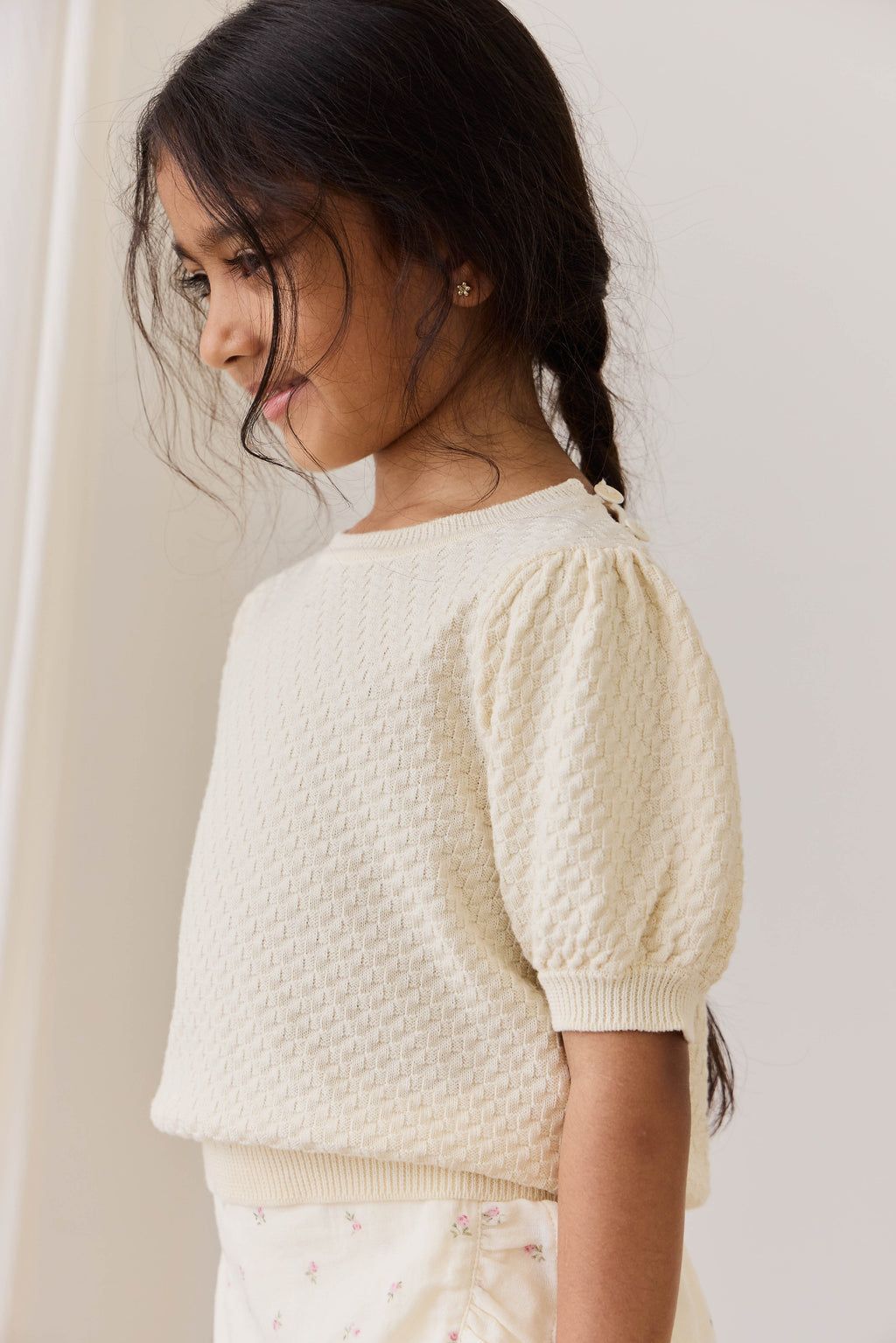 Haut en tricot texturé de coton vanille vintage à manches bouffantes en tissu respirant pour filles