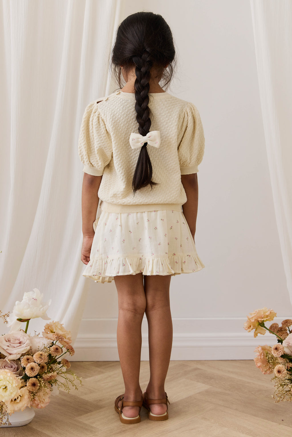 Haut en tricot texturé de coton vanille vintage à manches bouffantes en tissu respirant pour filles