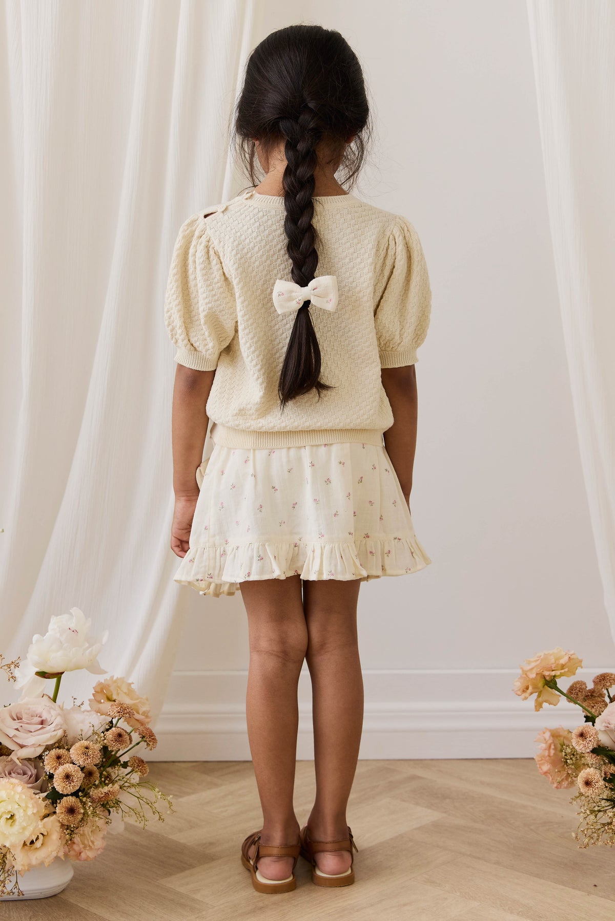 Haut en tricot texturé de coton vanille vintage à manches bouffantes en tissu respirant pour filles