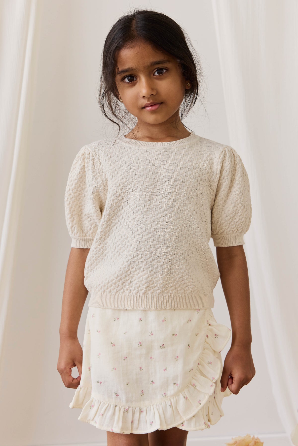 Haut en tricot texturé de coton vanille vintage à manches bouffantes en tissu respirant pour filles