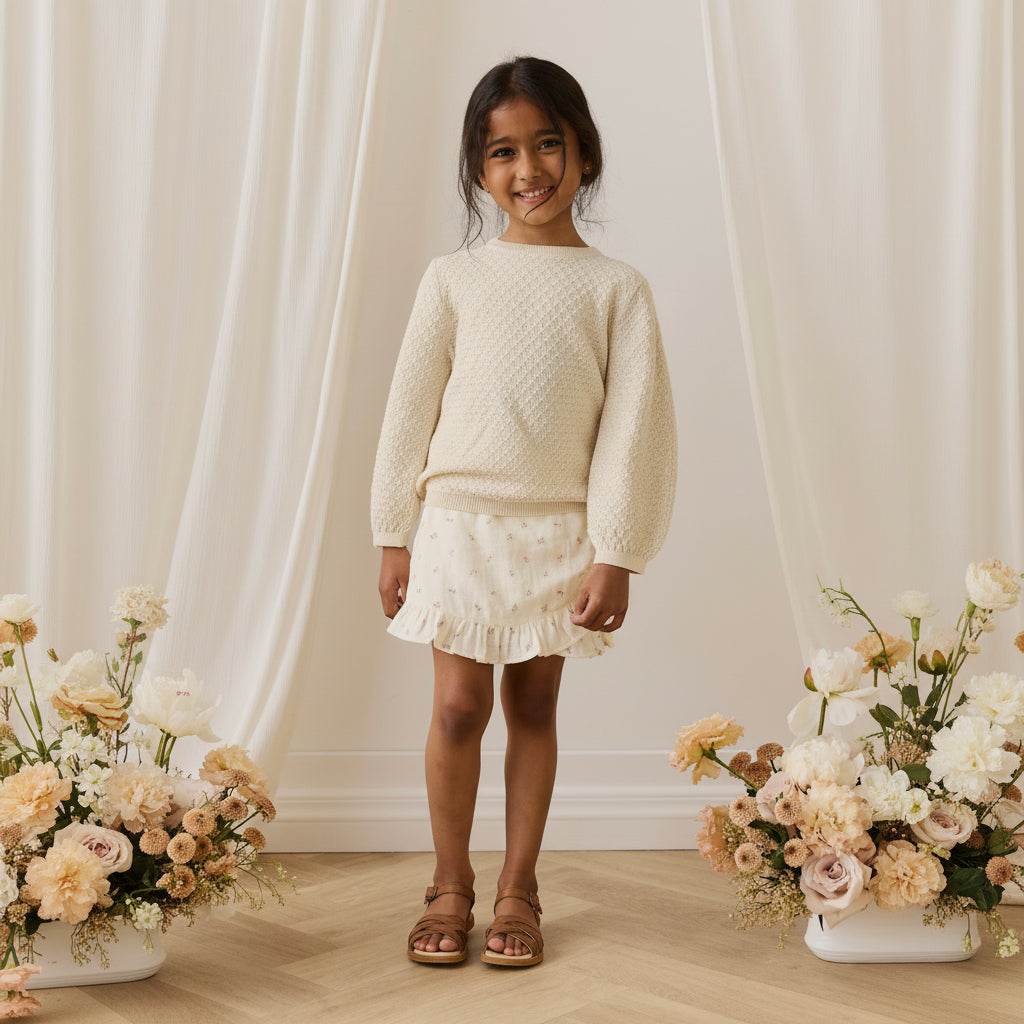 Haut en coton tricoté texturé vanille classique avec manches froncées et fermeture en trou de serrure pour tout-petits