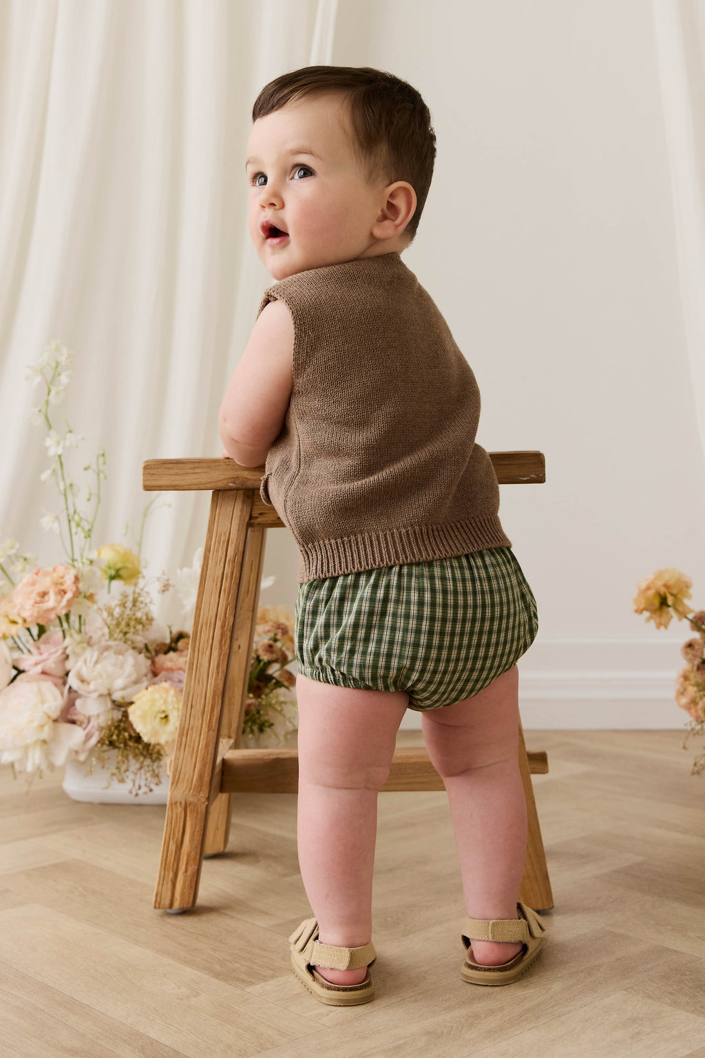 Bloomer à carreaux vintage en coton biologique avec taille élastique pour bébés et tout-petards