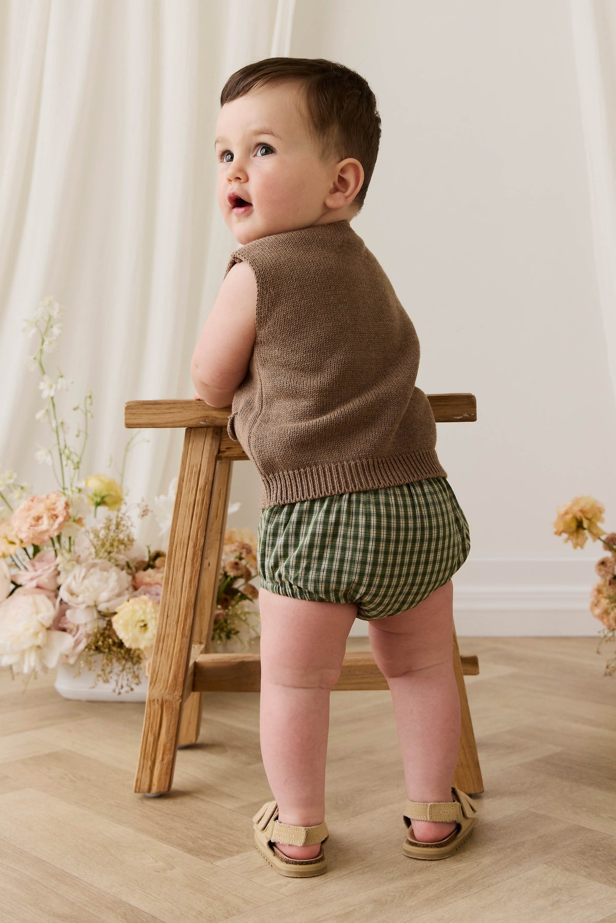 Bloomer à carreaux vintage en coton biologique avec taille élastique pour bébés et tout-petards
