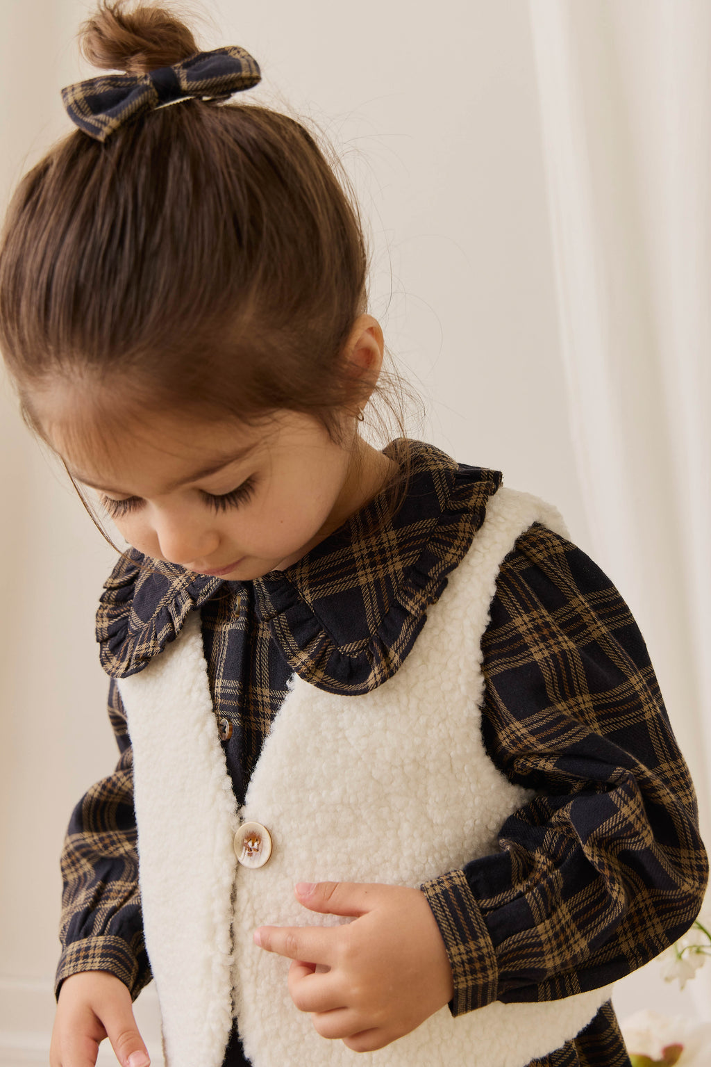 Nœud à cheveux en coton biologique à carreaux "Earthy Woodland" avec nœud central pour filles