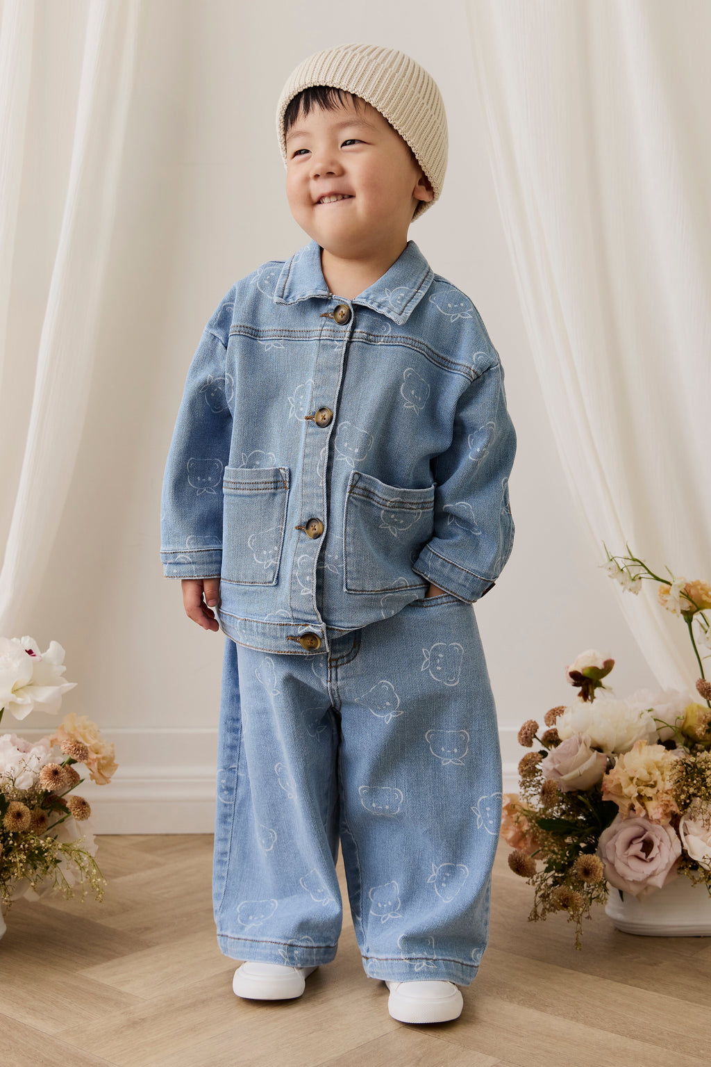 Veste En Jean Classique Bleu Clair Imprimée Avec Fermeture Boutonnée Et Poches Plaquées Pour Enfants