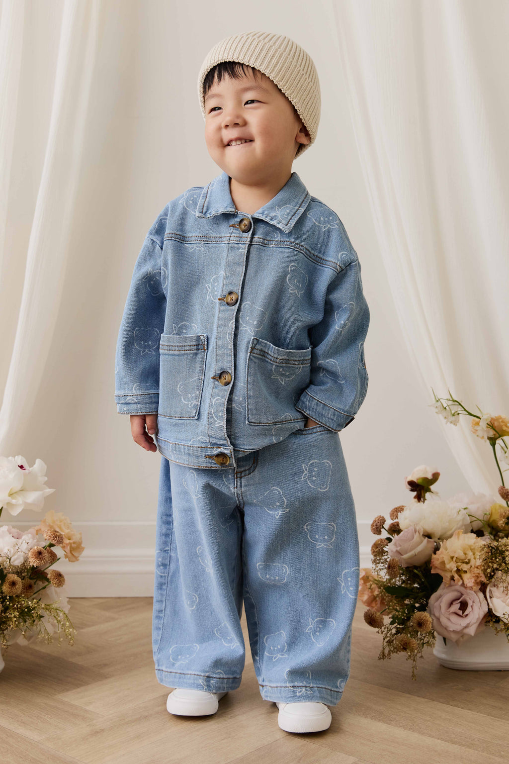 Pantalon en jean classique bleu clair imprimé, avec taille élastique et légèrement extensible pour enfants