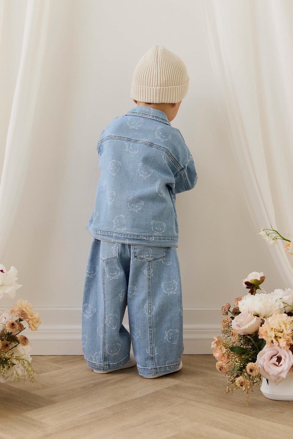 Pantalon en jean classique bleu clair imprimé, avec taille élastique et légèrement extensible pour enfants