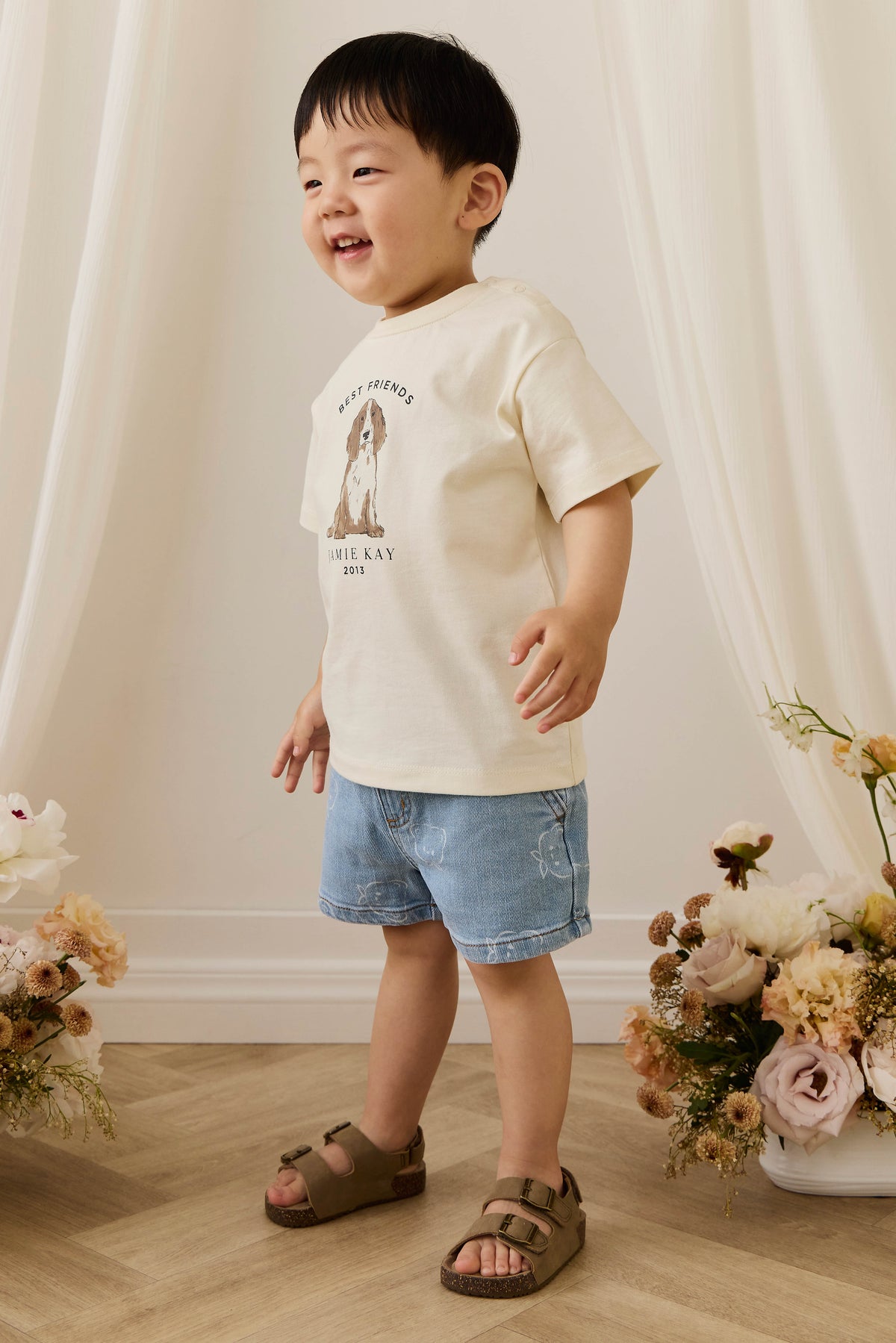 T-shirt décontracté en coton biologique imprimé chien parchemin, col rond, pour le quotidien