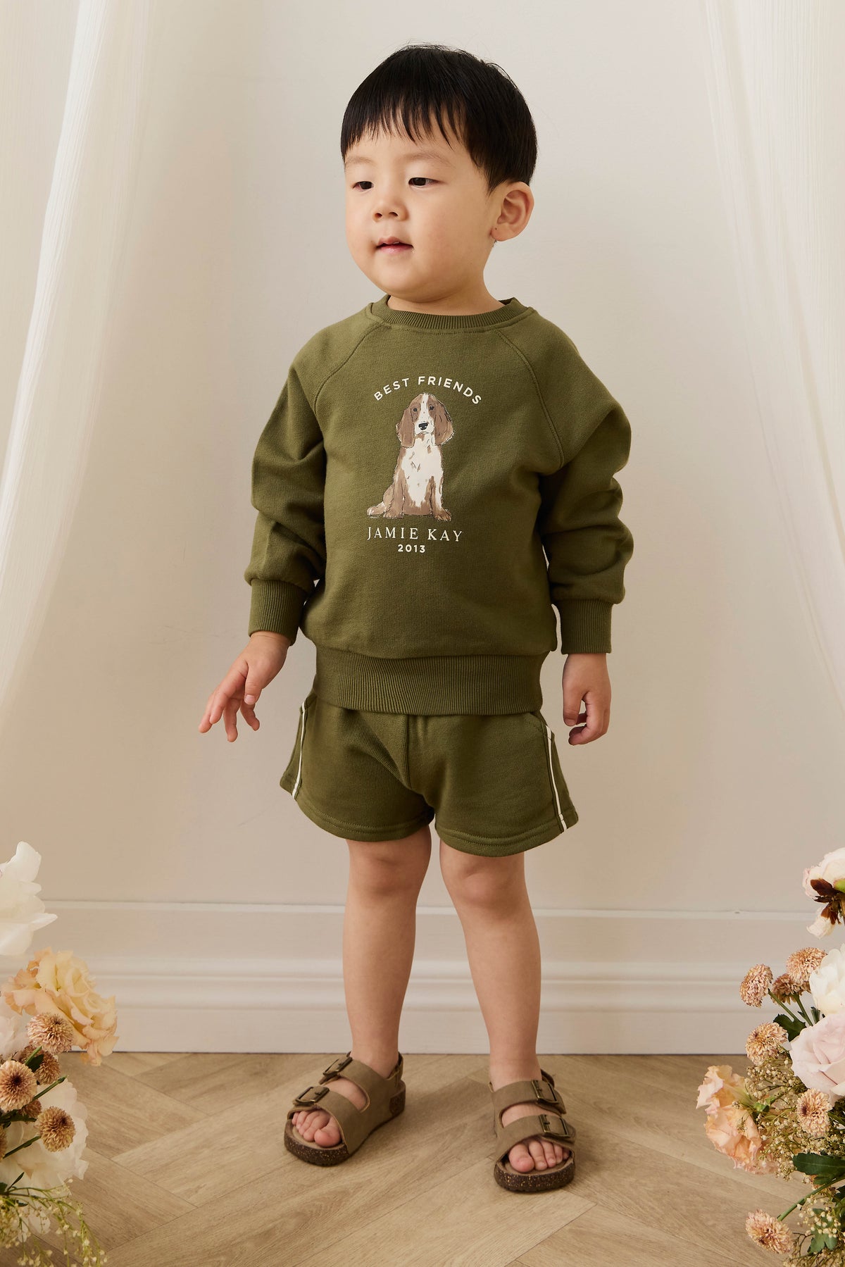 Sweat-shirt pour enfant en coton biologique imprimé chiens motif olive décontracté avec poignets côtelés