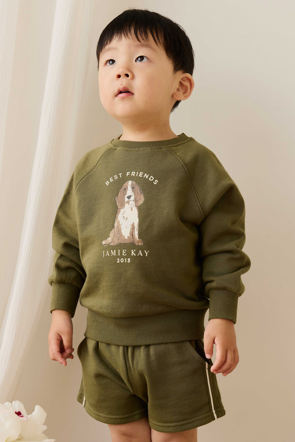 Sweat-shirt pour enfant en coton biologique imprimé chiens motif olive décontracté avec poignets côtelés