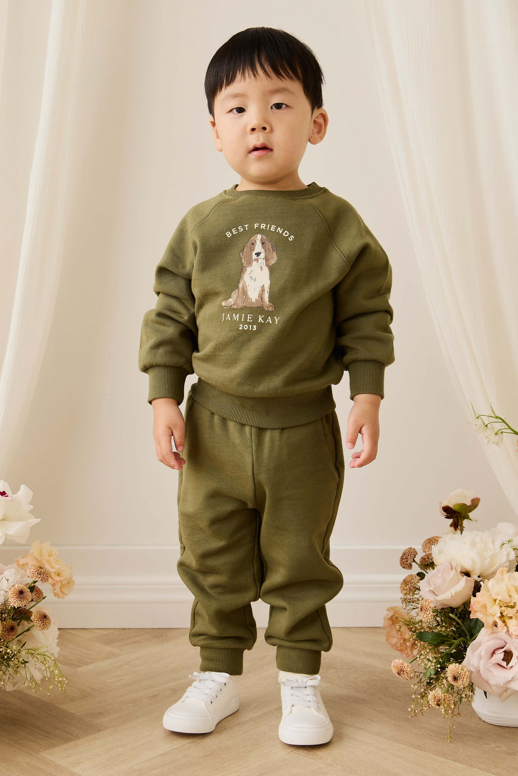 Sweat-shirt pour enfant en coton biologique imprimé chiens motif olive décontracté avec poignets côtelés