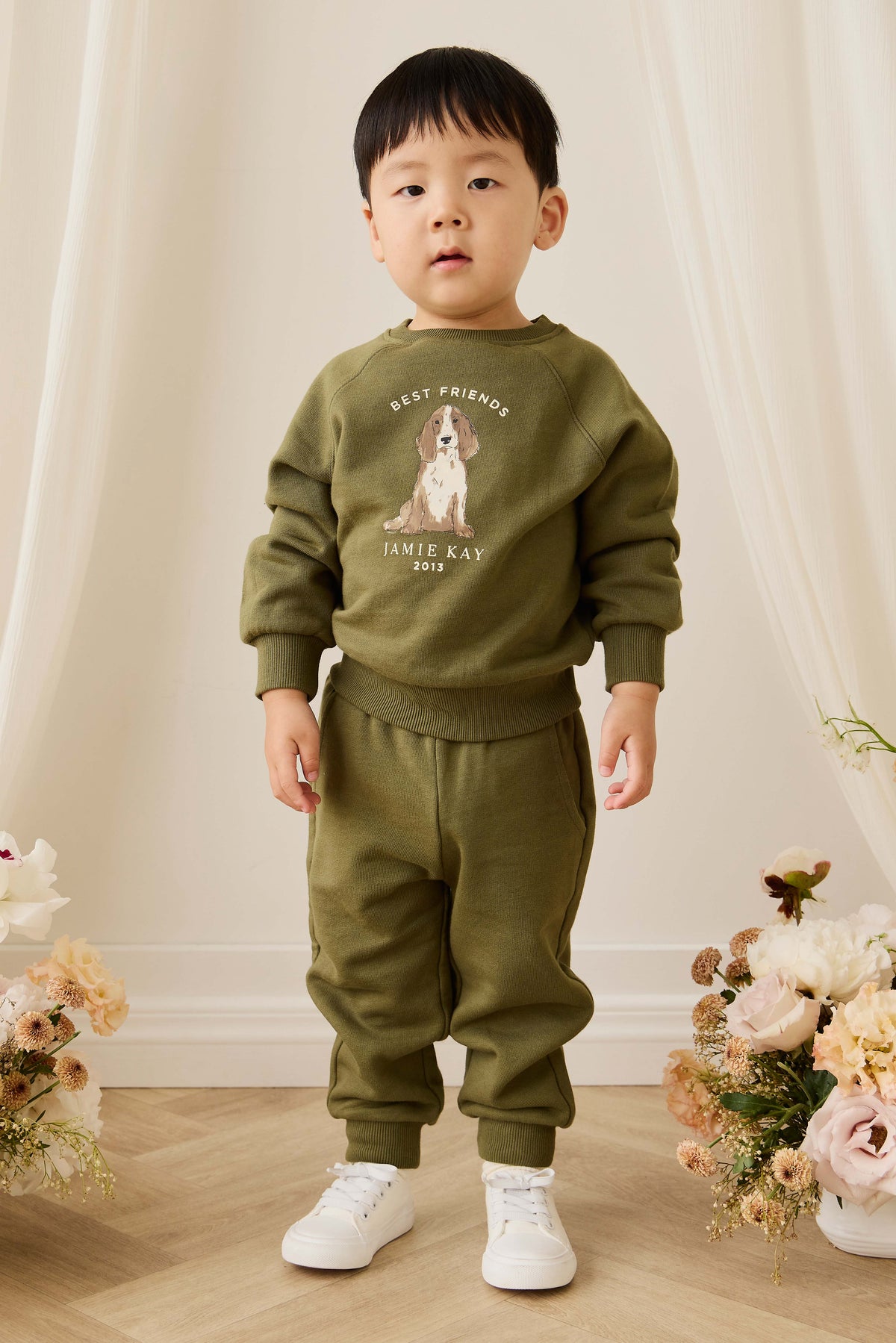 Sweat-shirt pour enfant en coton biologique imprimé chiens motif olive décontracté avec poignets côtelés
