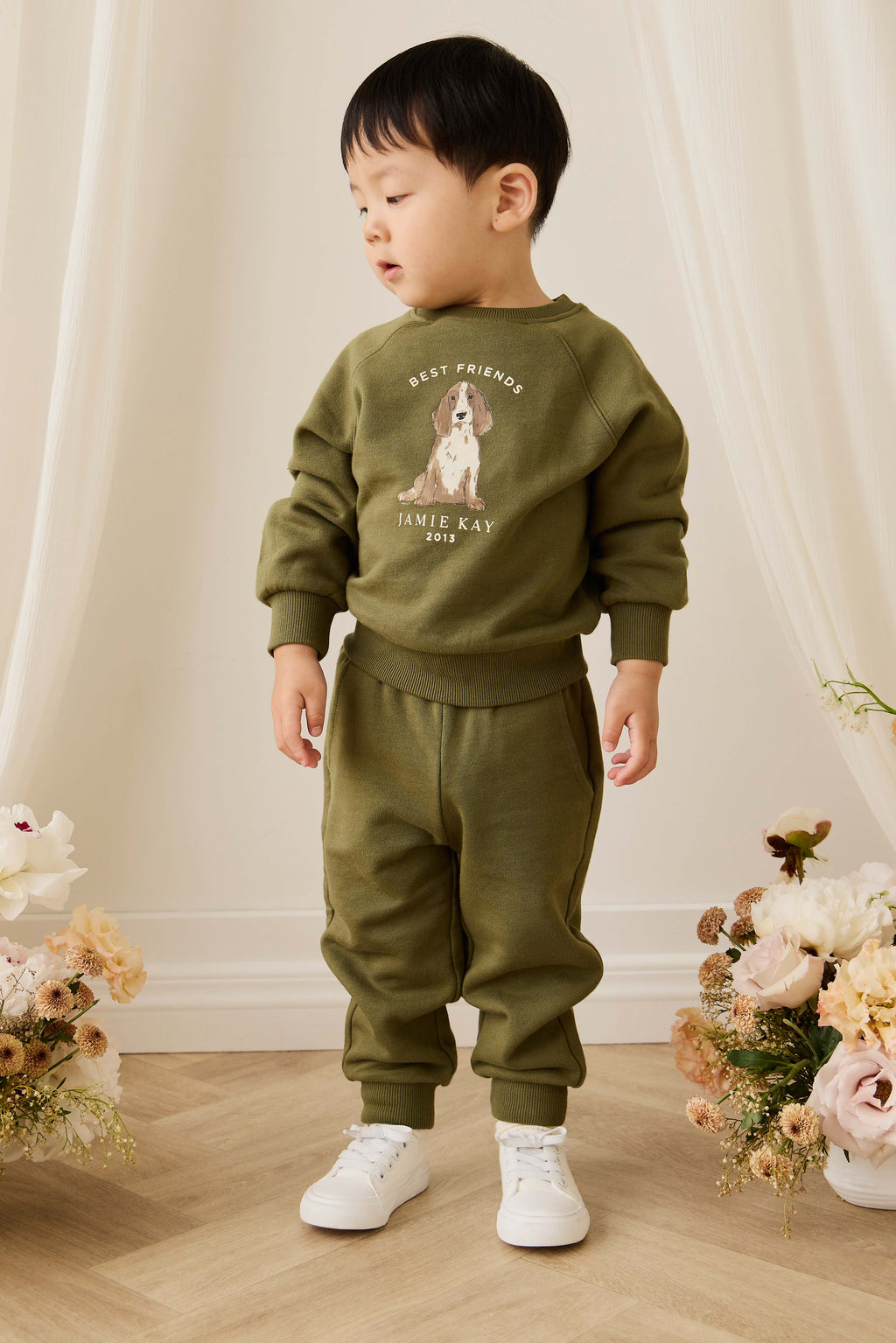 Sweat-shirt pour enfant en coton biologique imprimé chiens motif olive décontracté avec poignets côtelés