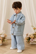Pantalon en jean rayé bleu clair vintage avec taille élastique et boutons sans nickel pour enfants