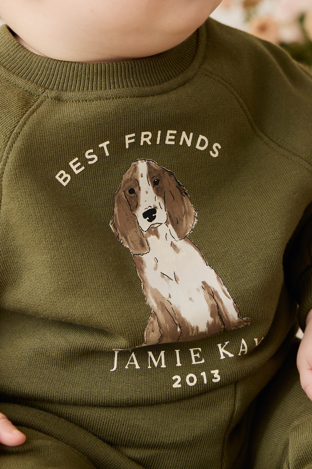Sweat-shirt pour enfant en coton biologique imprimé chiens motif olive décontracté avec poignets côtelés