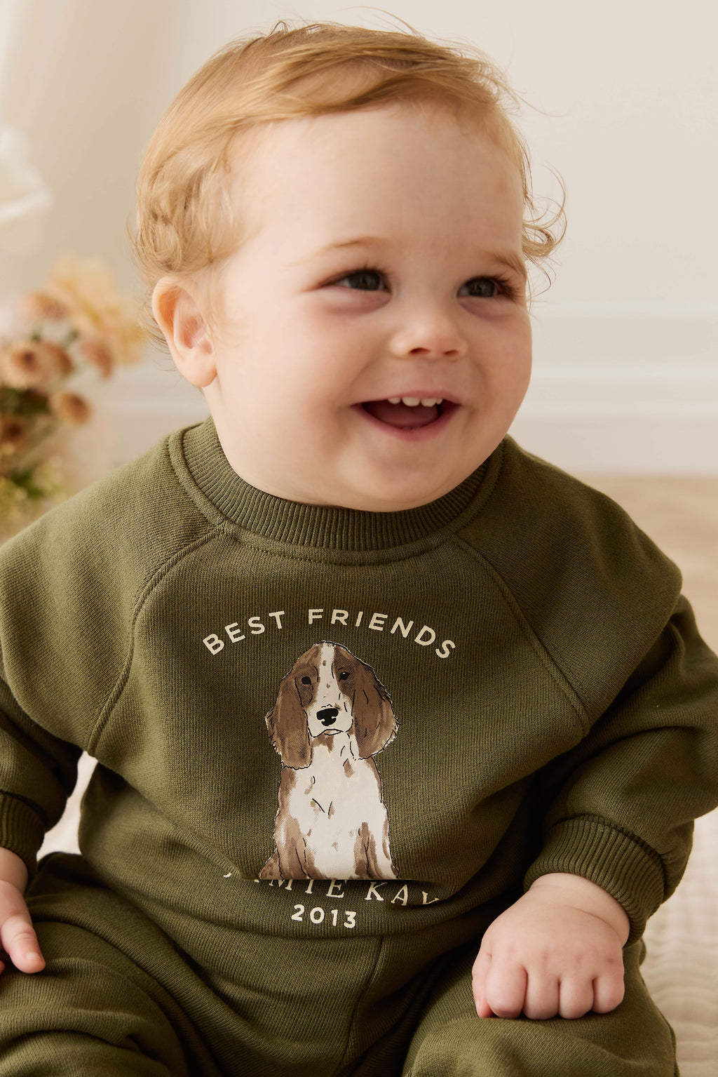 Sweat-shirt pour enfant en coton biologique imprimé chiens motif olive décontracté avec poignets côtelés
