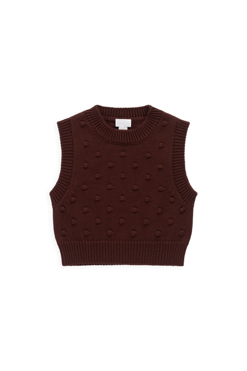 Gilet sans manches en coton tricoté texturé marron chocolat classique pour un superposition facile