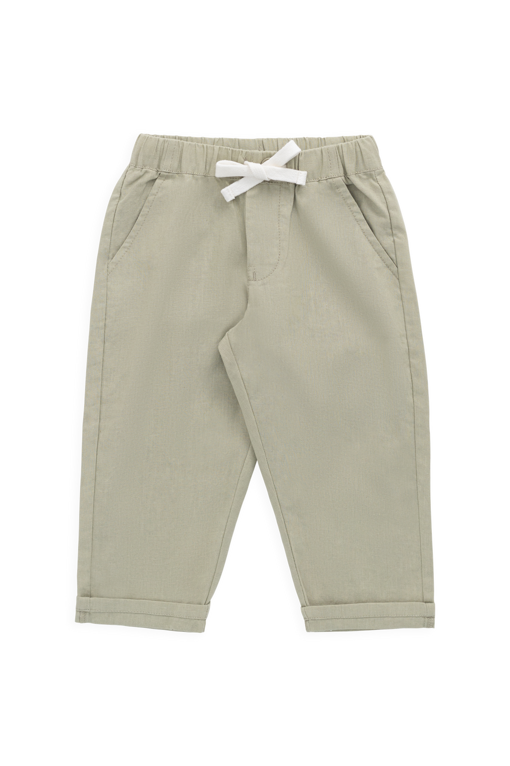Pantalon décontracté en lin et coton vert lichen avec cordon de serrage à la taille pour un usage quotidien