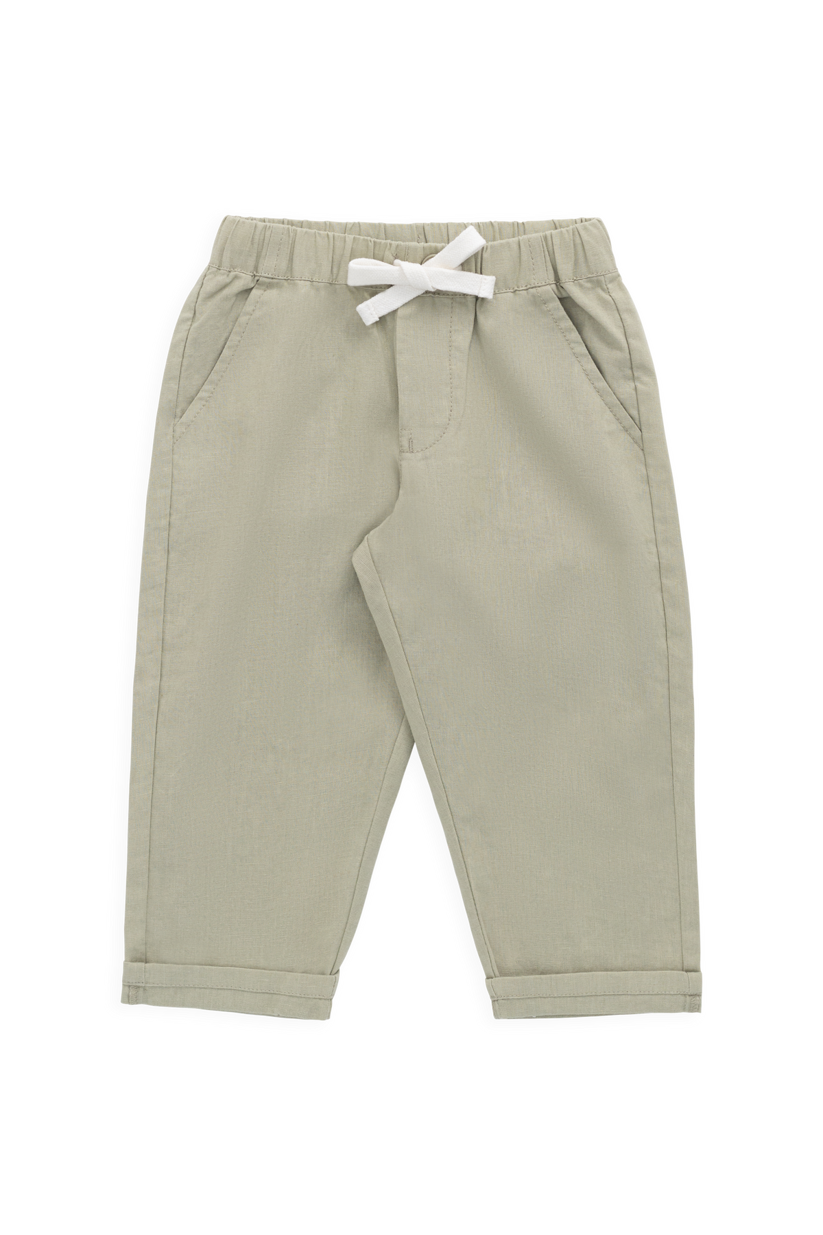 Pantalon décontracté en lin et coton vert lichen avec cordon de serrage à la taille pour un usage quotidien