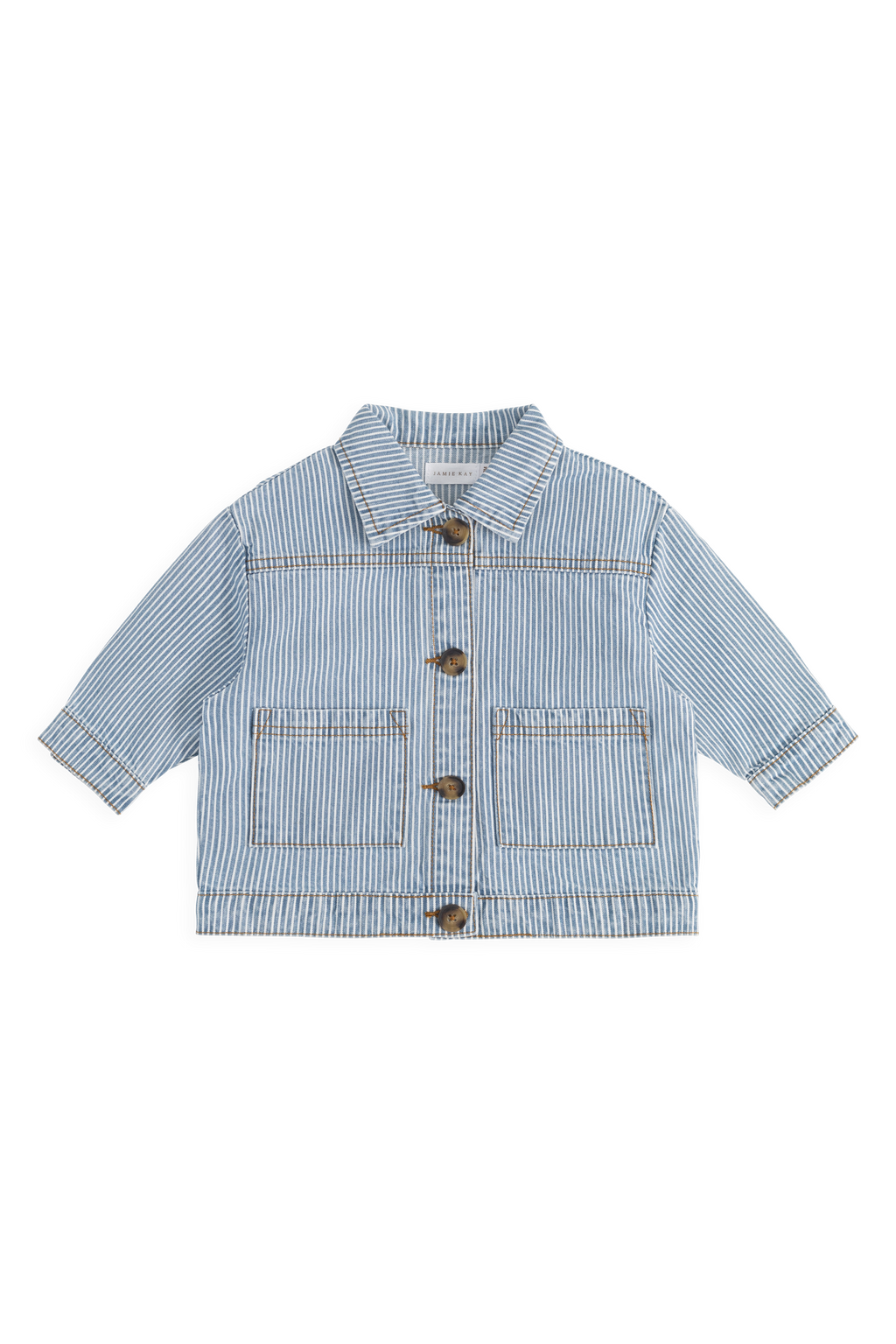 Veste enfant vintage en coton à fines rayures bleu clair, avec fermeture boutonnée et poches plaquées