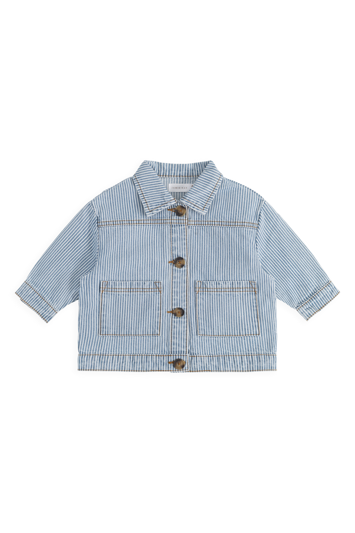 Veste enfant vintage en coton à fines rayures bleu clair, avec fermeture boutonnée et poches plaquées