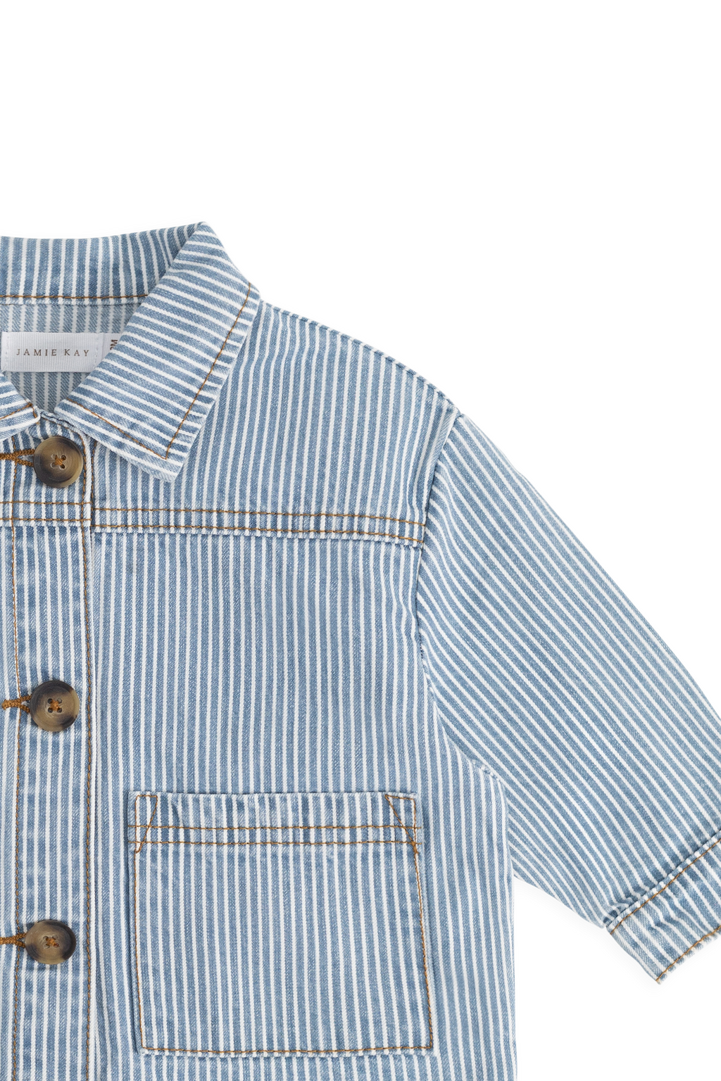 Veste enfant vintage en coton à fines rayures bleu clair, avec fermeture boutonnée et poches plaquées