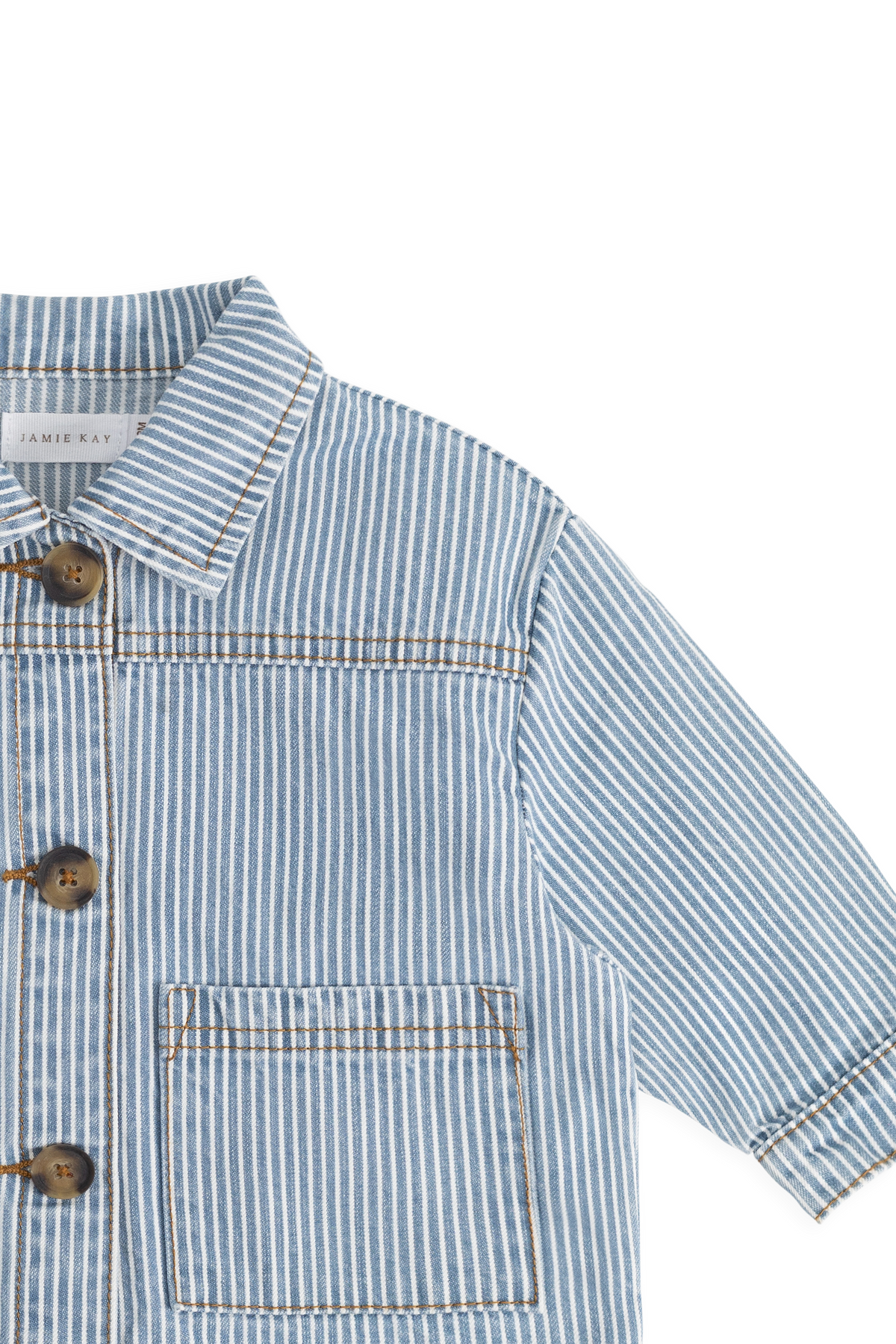 Veste enfant vintage en coton à fines rayures bleu clair, avec fermeture boutonnée et poches plaquées