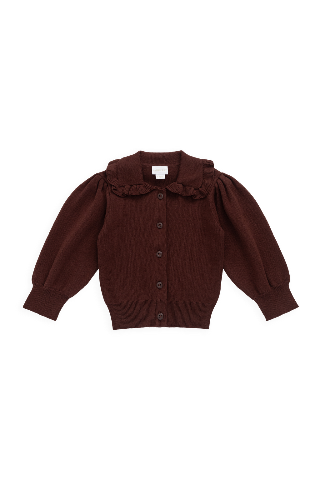 Cardigan Vintage en Coton Tricoté Marron Chocolat Texturé avec Col Volanté et Manches Bouffantes pour Filles