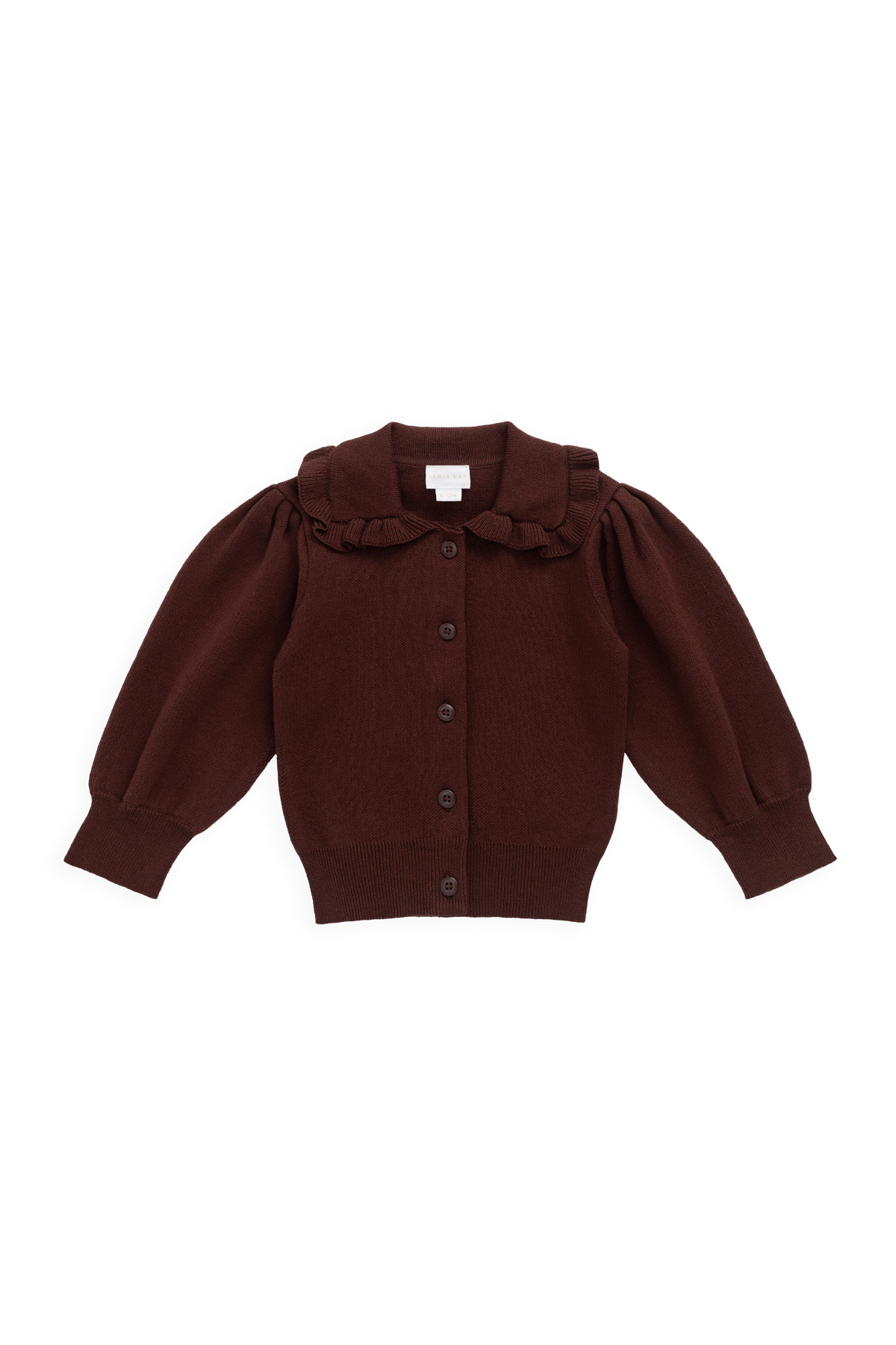 Cardigan Vintage en Coton Tricoté Marron Chocolat Texturé avec Col Volanté et Manches Bouffantes pour Filles