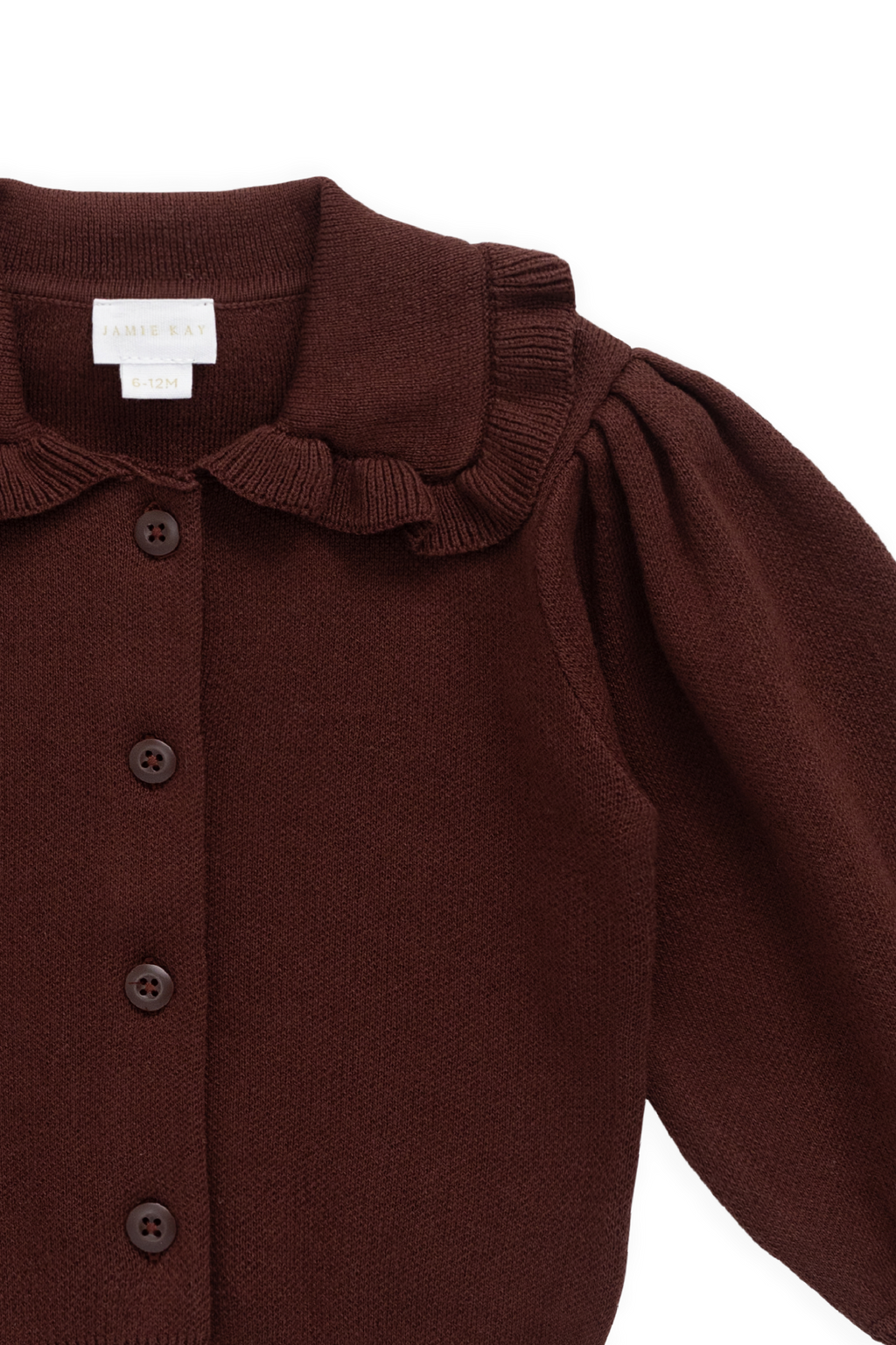 Cardigan Vintage en Coton Tricoté Marron Chocolat Texturé avec Col Volanté et Manches Bouffantes pour Filles