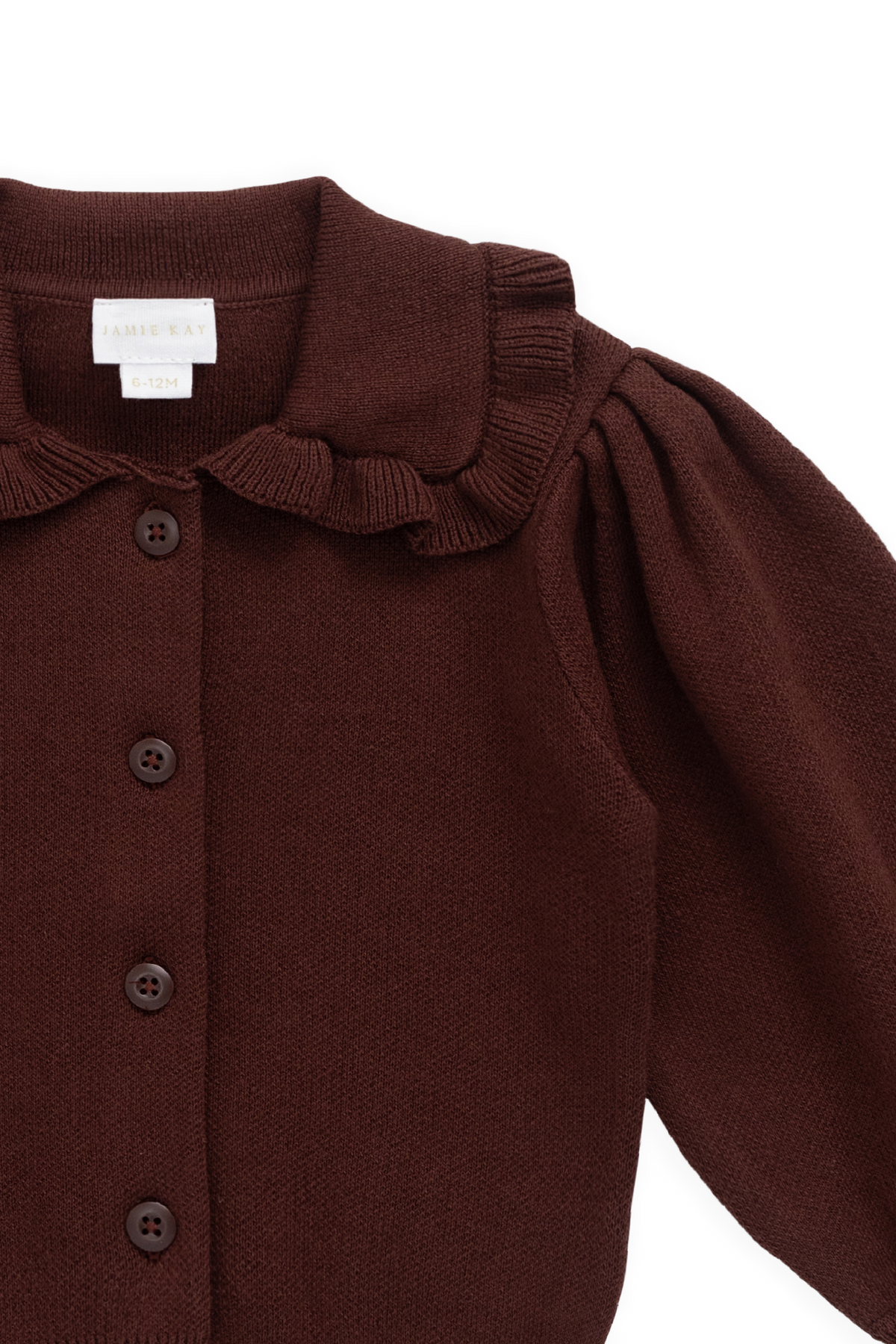 Cardigan Vintage en Coton Tricoté Marron Chocolat Texturé avec Col Volanté et Manches Bouffantes pour Filles