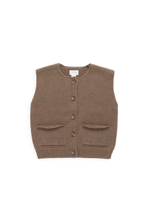 Gilet classique marron en coton boutonné avec poches plaquées pour enfants