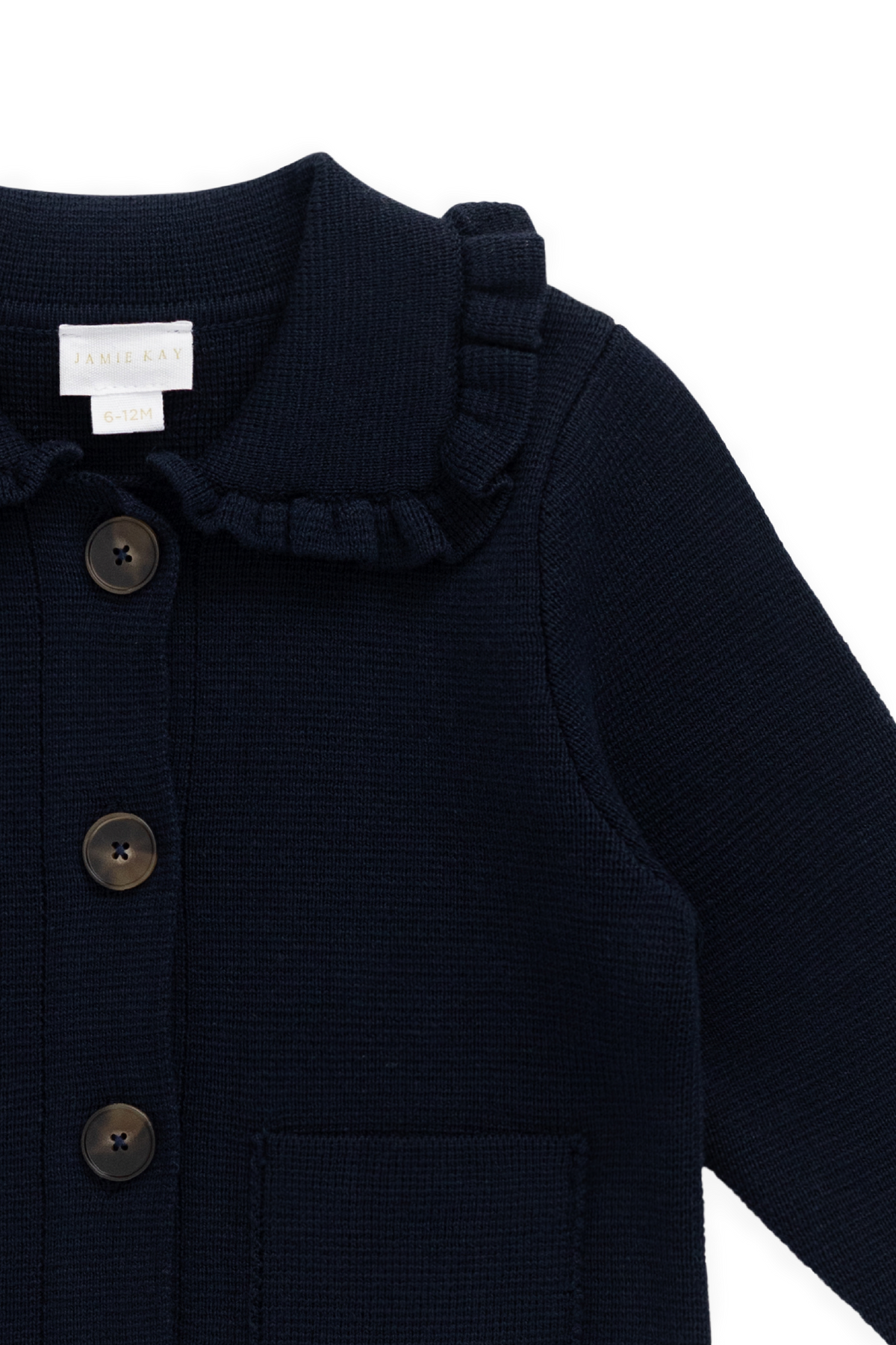 Gilet en coton tricoté pour enfants, col volanté bleu marine classique avec boutons et poches
